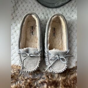 Minnetonka Gray Suede Moccasins with Bow